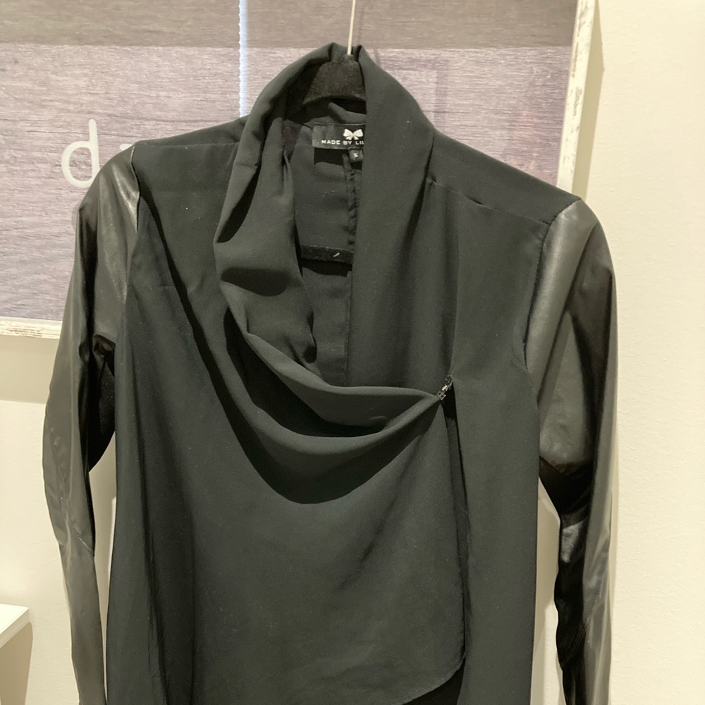 Black long-sleeved shirt / blazer. Combo of faux-leather and chiffon material.